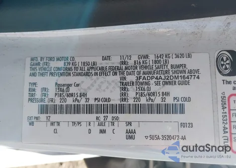 2013 Ford Fiesta S z USA, uszkodzony, nr VIN 3FADP4AJ2DM164774